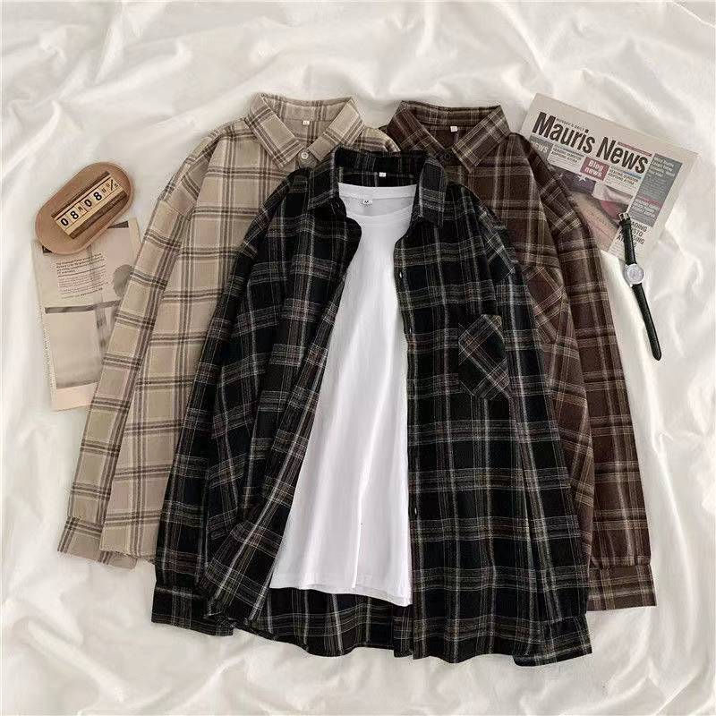 Thumbnail: Vintage Plaid Shirts Women Autumn Long Sleeve Oversize Button Up Shirt Korean Fa