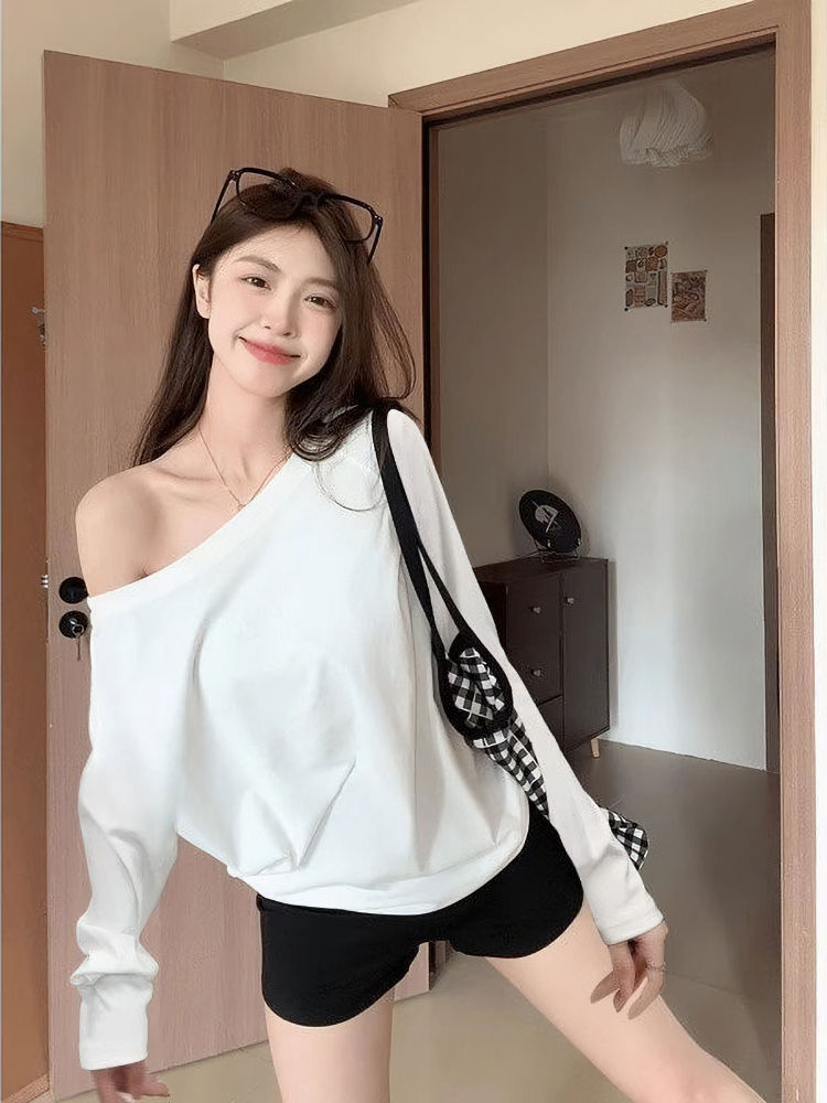 Thumbnail: Oversize Off shoulder Long sleeve T shirt Women Solid color Casual Tops Lady Spr