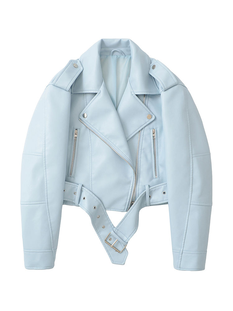 Thumbnail: Ailegogo Spring Autumn Women Faux Pu Leather Short Jacket with Belt Motorcycle B