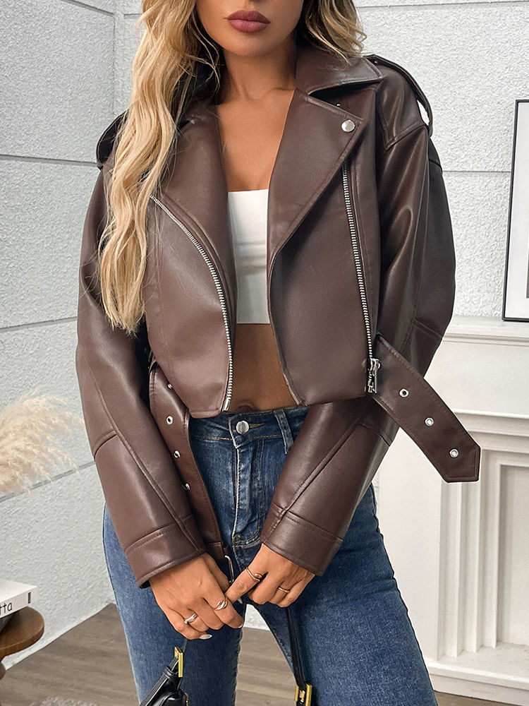 Thumbnail: Ailegogo Spring Autumn Women Faux Pu Leather Short Jacket with Belt Motorcycle B
