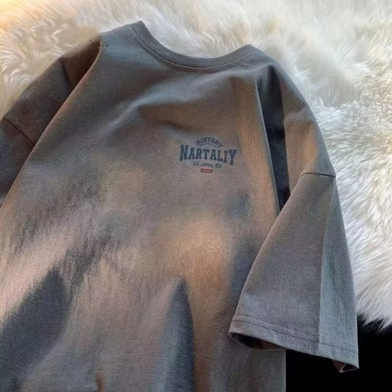 Thumbnail: 8XL Men Oversized Fashion Loose American Vintage Letter NAET Print Short Sleeve 