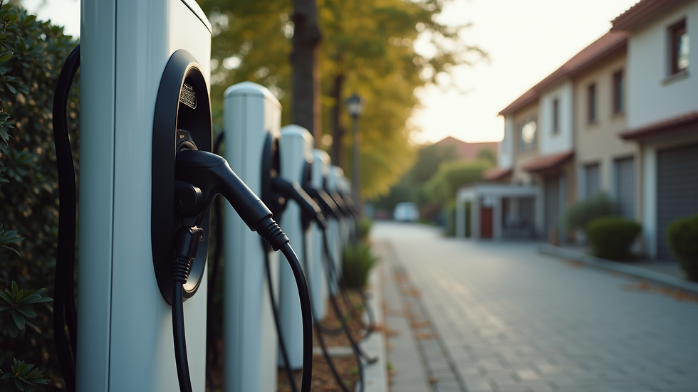 Eye-level view of a modern electric vehicle charging station in a residential area