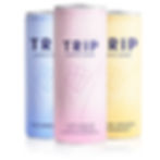 Three colorful drink cans, labeled "TRIP Mindful Blend," with pastel hues: blue, pink, yellow. Text describes flavors and ingredients.