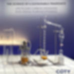 Lab equipment with glass tubes and containers on a tiled surface. Text: "The Science of a Sustainable Fragrance, Coty."