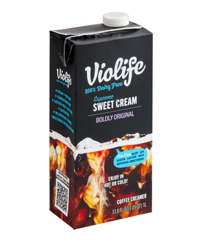 Carton of Violife Supreme Sweet Cream, 100% dairy-free. Black and vibrant design with swirling cream pattern. Text highlights vegan, lactose-free.