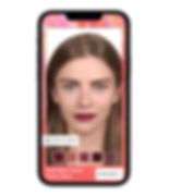 A smartphone displays a virtual lipstick try-on app showing a woman's face with berry lipstick. Options include various shades. Text reads "Cherry Skies."