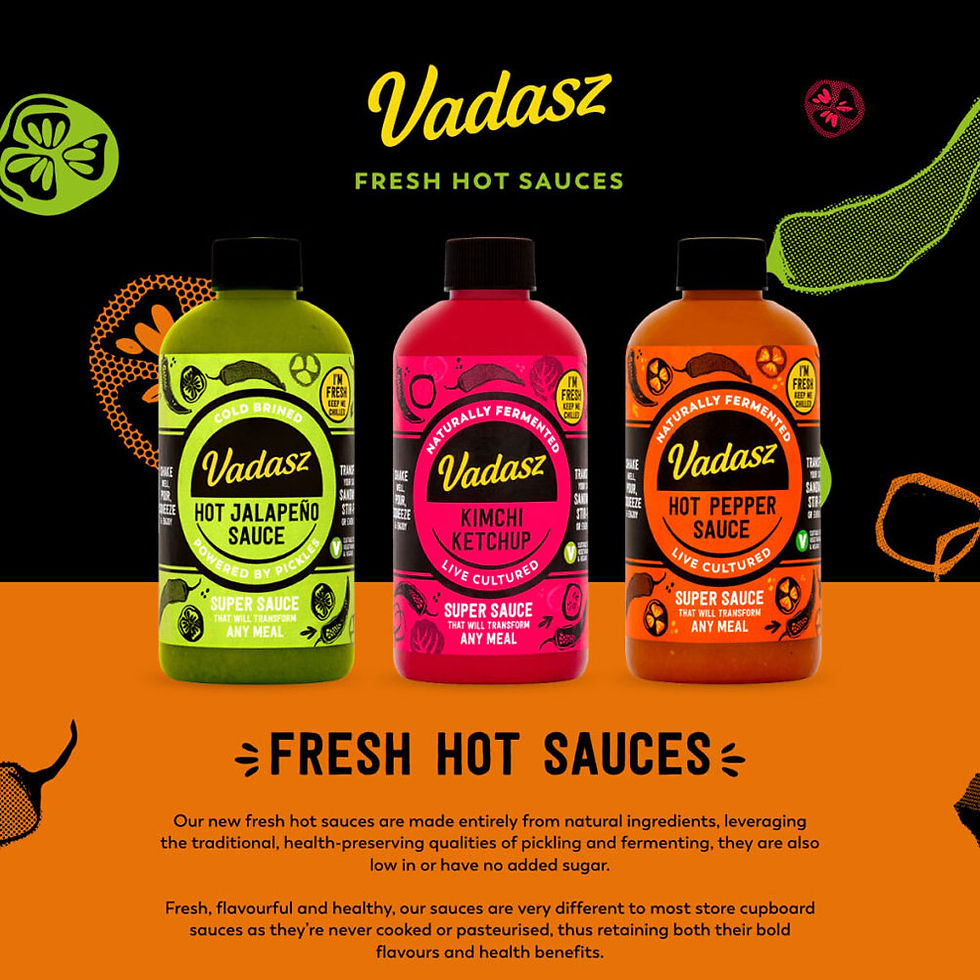 Three Vadasz hot sauce bottles: jalapeño (green), kimchi ketchup (pink), hot pepper (orange) on black/orange background. Text: Fresh Hot Sauces.