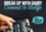Hand holds a Violife sweet cream carton against a dark background. Text reads "Break Up with Dairy, Commit to Violife" and "New Dairy Free Creamer".