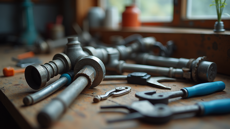 Close-up view of plumbing tools and materials on a workbench
