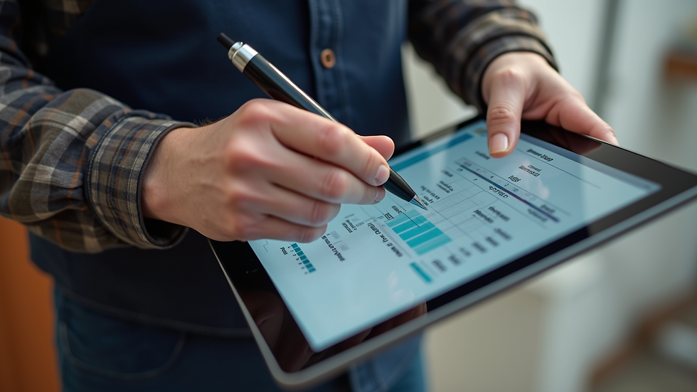 High angle view of a plumbing contractor working on a tablet with estimation software