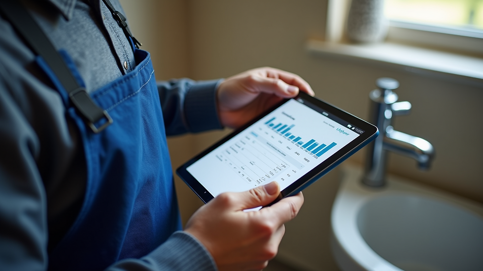 High angle view of a plumber calculating costs on a tablet