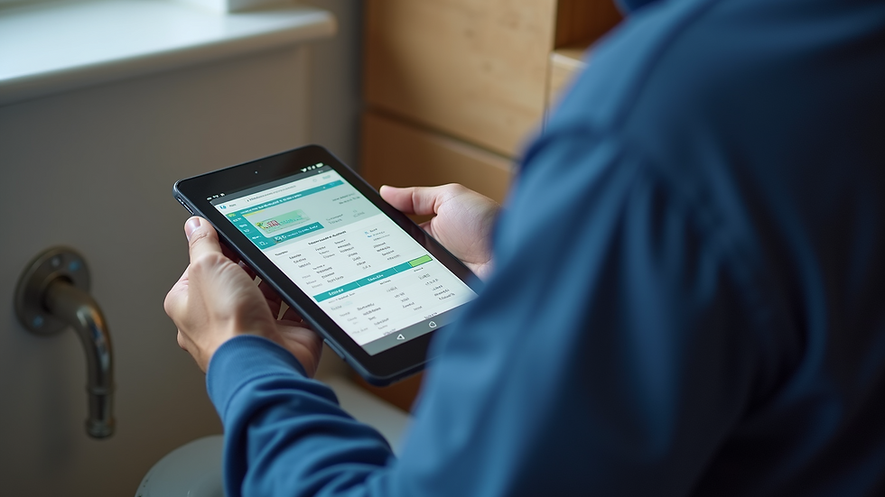 High angle view of a plumber using a tablet to calculate service costs