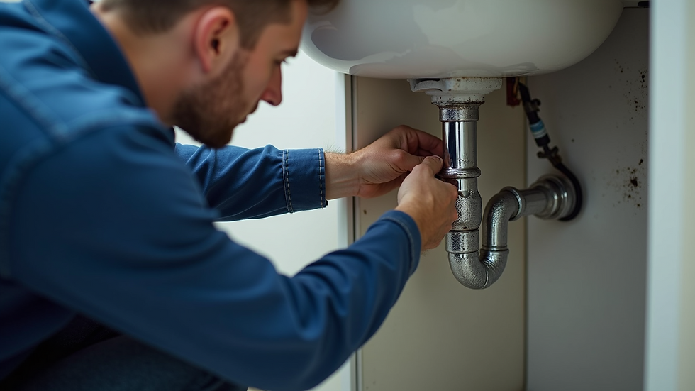 Eye-level view of a plumber fixing a leaking pipe under a sink