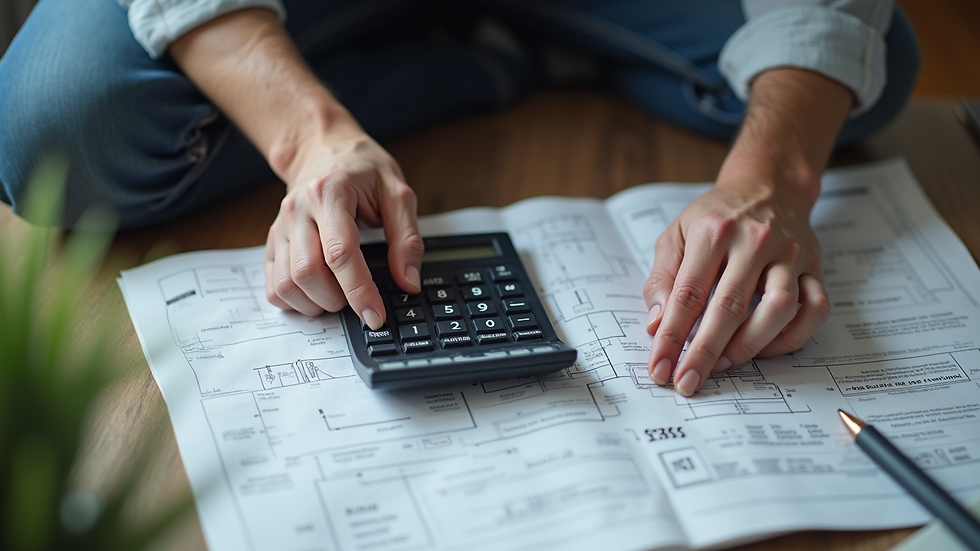 High angle view of a plumber calculating costs with a calculator and blueprints