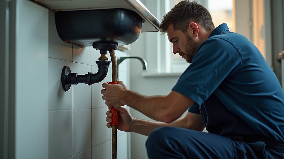 Close-up view of a plumber fixing a pipe under a sink