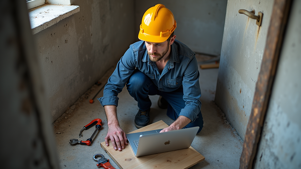 High angle view of a plumber working with tools and a laptop on site