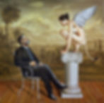Edipo y la Esfinge, por Alfredo Sábat · Óleo sobre tela · 100 x 100 cm · 2019 · Colección Mitológicas