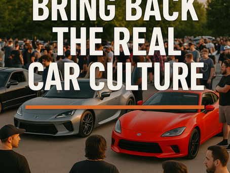 A vibrant car community meet-up during sunset, with a crowd of diverse car enthusiasts gathered around sports cars in a parking lot. The text 'BRING BACK THE REAL CAR CULTURE' is boldly overlaid above the scene, emphasizing unity and passion for cars beyond social media clout
