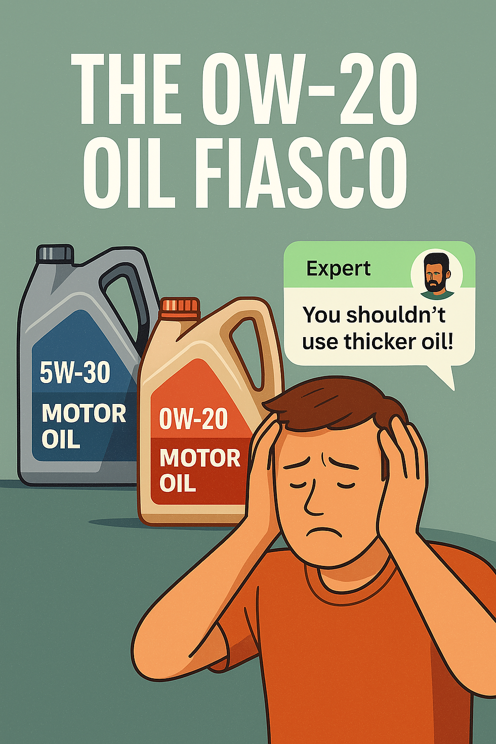 Illustration of a frustrated car owner holding his head while a WhatsApp group ‘expert’ texts him bad advice about engine oil, surrounded by oil cans labeled 0W-20 and 5W-30