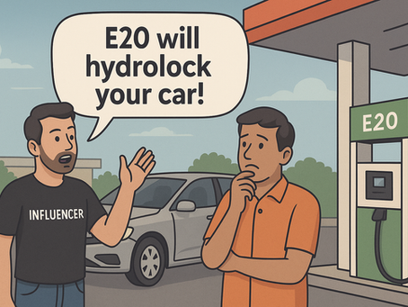Cartoon-style illustration of a man at an E20 petrol pump being misled by an “influencer bro” wearing a flashy shirt and shouting in a speech bubble that E20 will hydrolock the engine, while a worried common man listens beside his car.