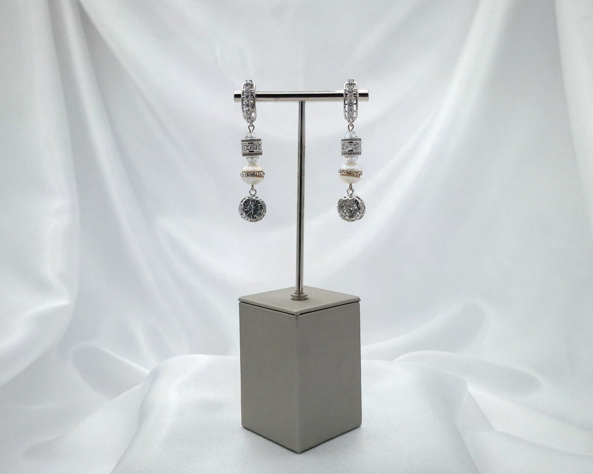 Genuine Freshwater Pearl & Crystal Drop Wedding Earrings Front View