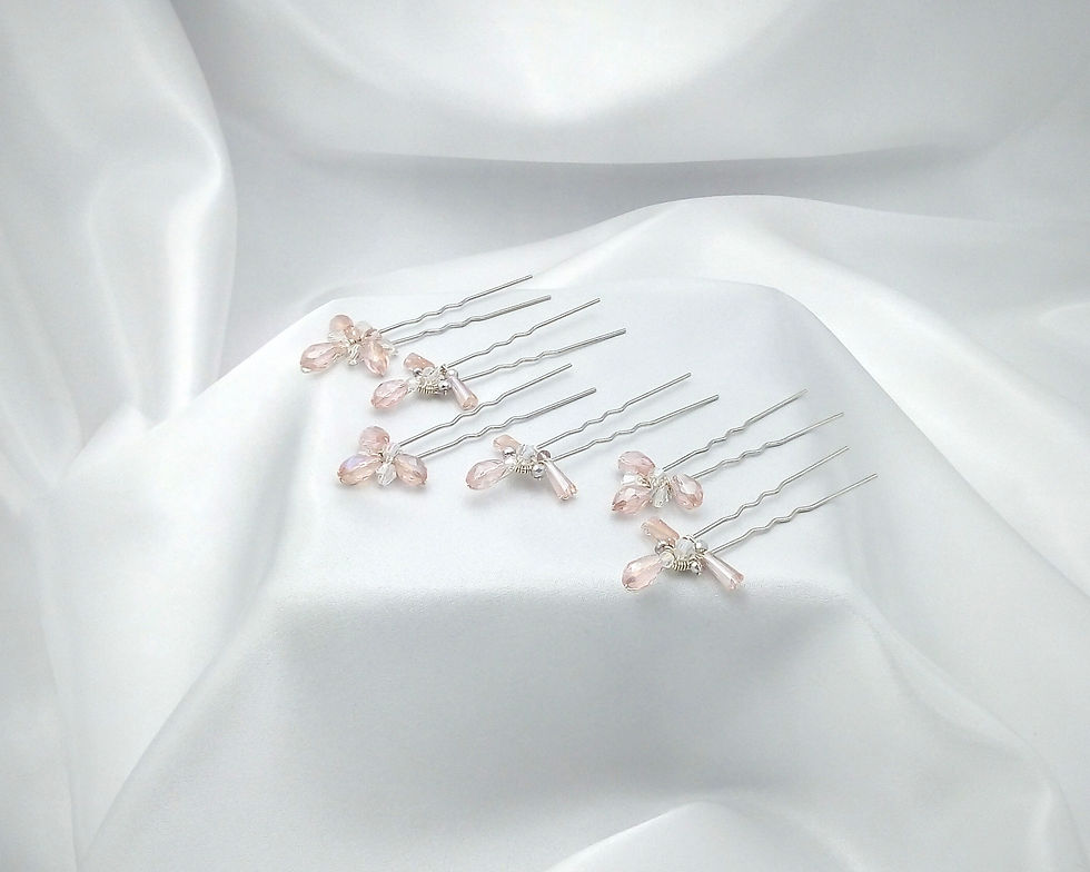 Thumbnail: Subtle Pink & Clear Crystal Silver Flower Shaped Wedding Hair Pins