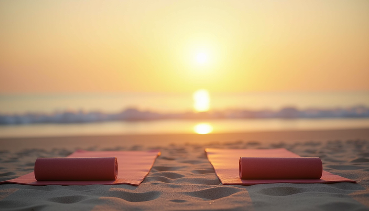 Eye-level view of a serene beach yoga setup with mats laid out on the sand facing the calm sea