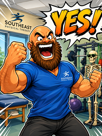 Cartoon physical therapist in a Southeast Physical Therapy shirt flexing and shouting "YES!" in a comic book style, with a skeleton and gym equipment in the background