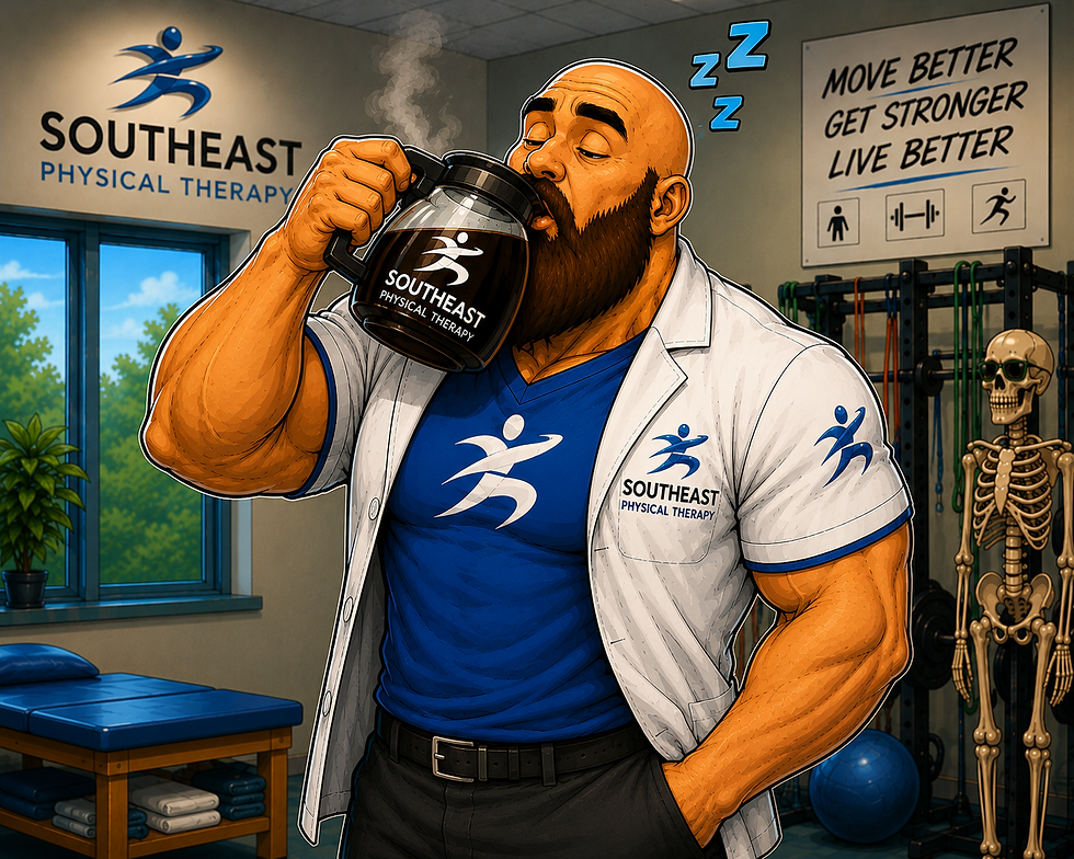 Sleepy Dr. Will Duncan of Southeast Physical Therapy in Roswell GA drinking coffee from the pot, illustrating tips on how to sleep better