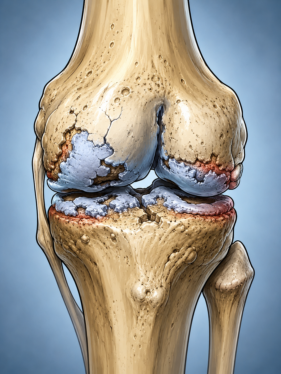 Medical illustration of a knee joint showing advanced cartilage degeneration and osteoarthritis with cracked and eroded articular cartilage on the femur and tibia