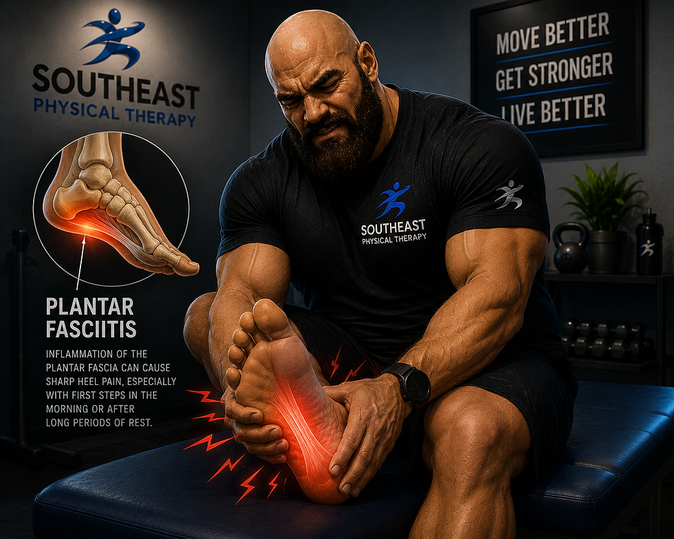 Man gripping his heel in pain from plantar fasciitis with anatomy diagram at Southeast Physical Therapy in Roswell, GA