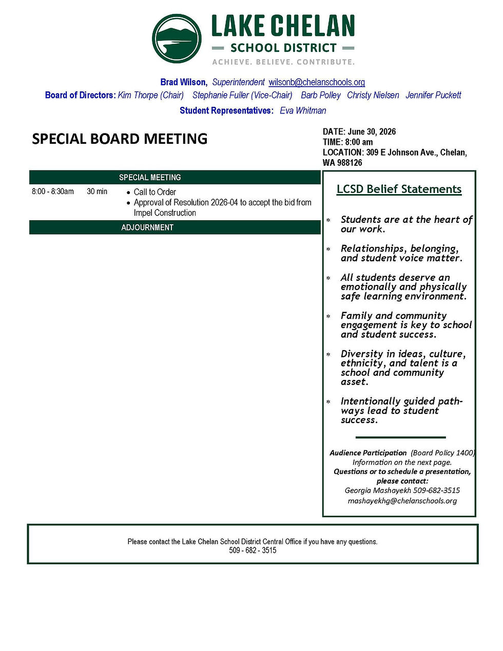 Special Board Meeting of the Lake Chelan School District Board of Directors