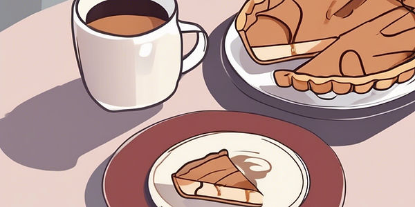 Slice of pie on a plate and a cup of coffee at a table.jpg