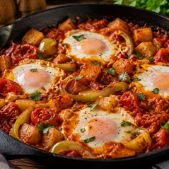 Paradicsomos-paprikás burgonyás shakshuka serpenyőben, lágy tojásokkal és friss petrezselyemmel.