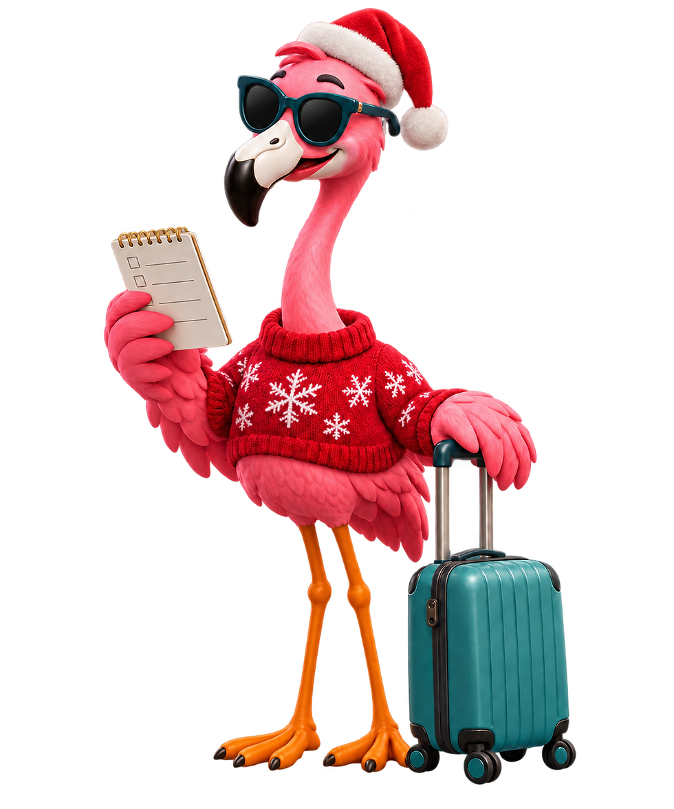 Tilly wearing a red holiday sweater and Santa hat while checking a travel list beside her teal suitcase