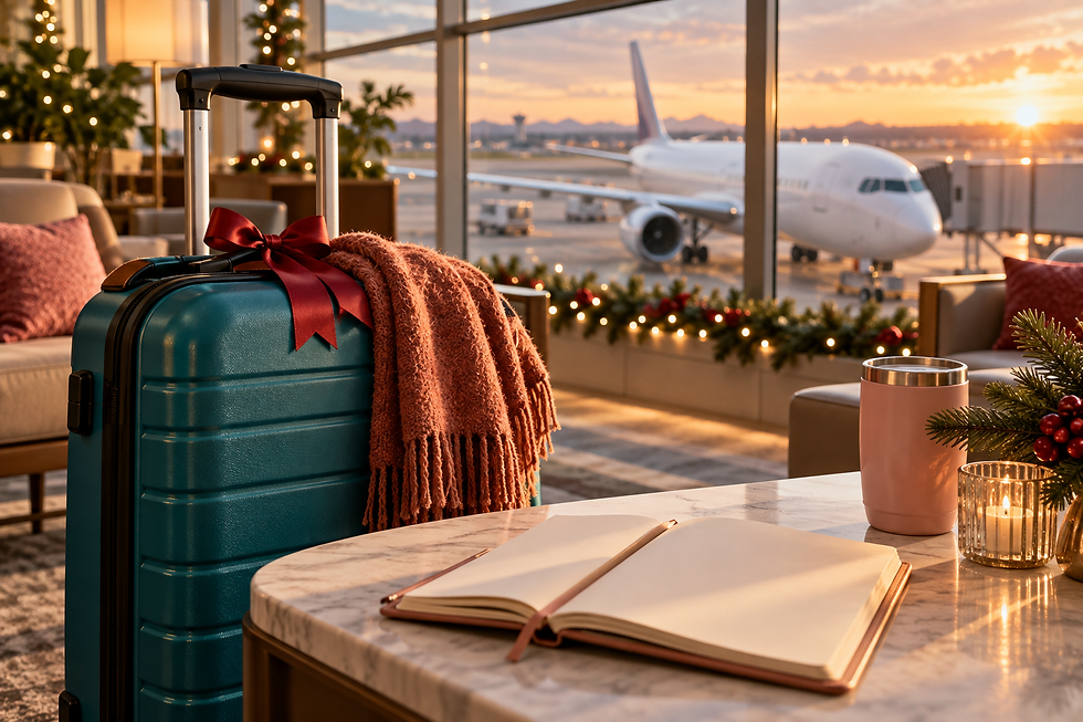 Carry-on luggage and a scarf in an airport lounge decorated for the holiday travel season