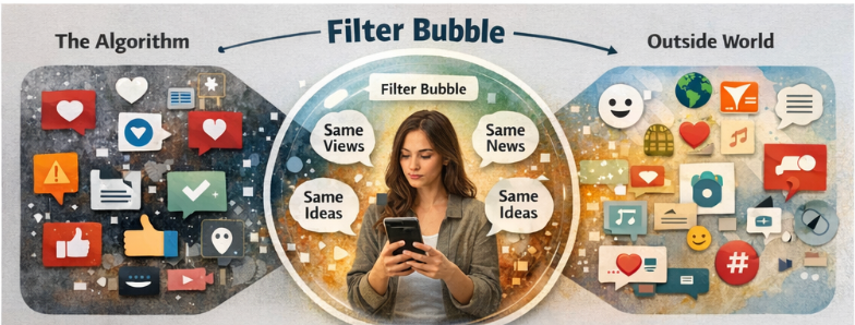 Woman on phone in a "Filter Bubble" surrounded by icons and text bubbles saying "Same Views, News, Ideas." Background shows "The Algorithm" and "Outside World."