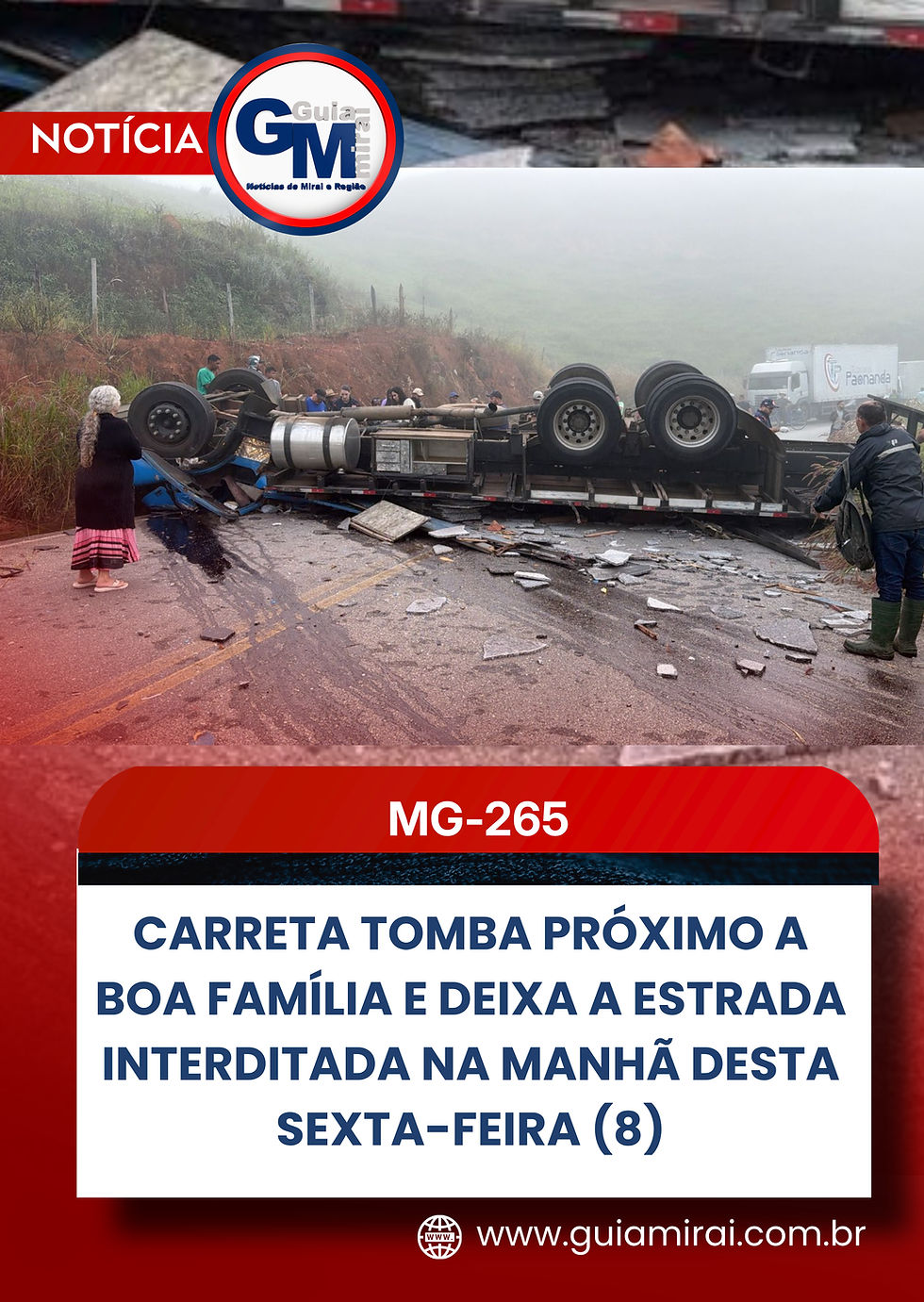 Carreta tomba na MG-265 próximo a Boa Família e interdita a estrada na manhã desta sexta-feira (8)