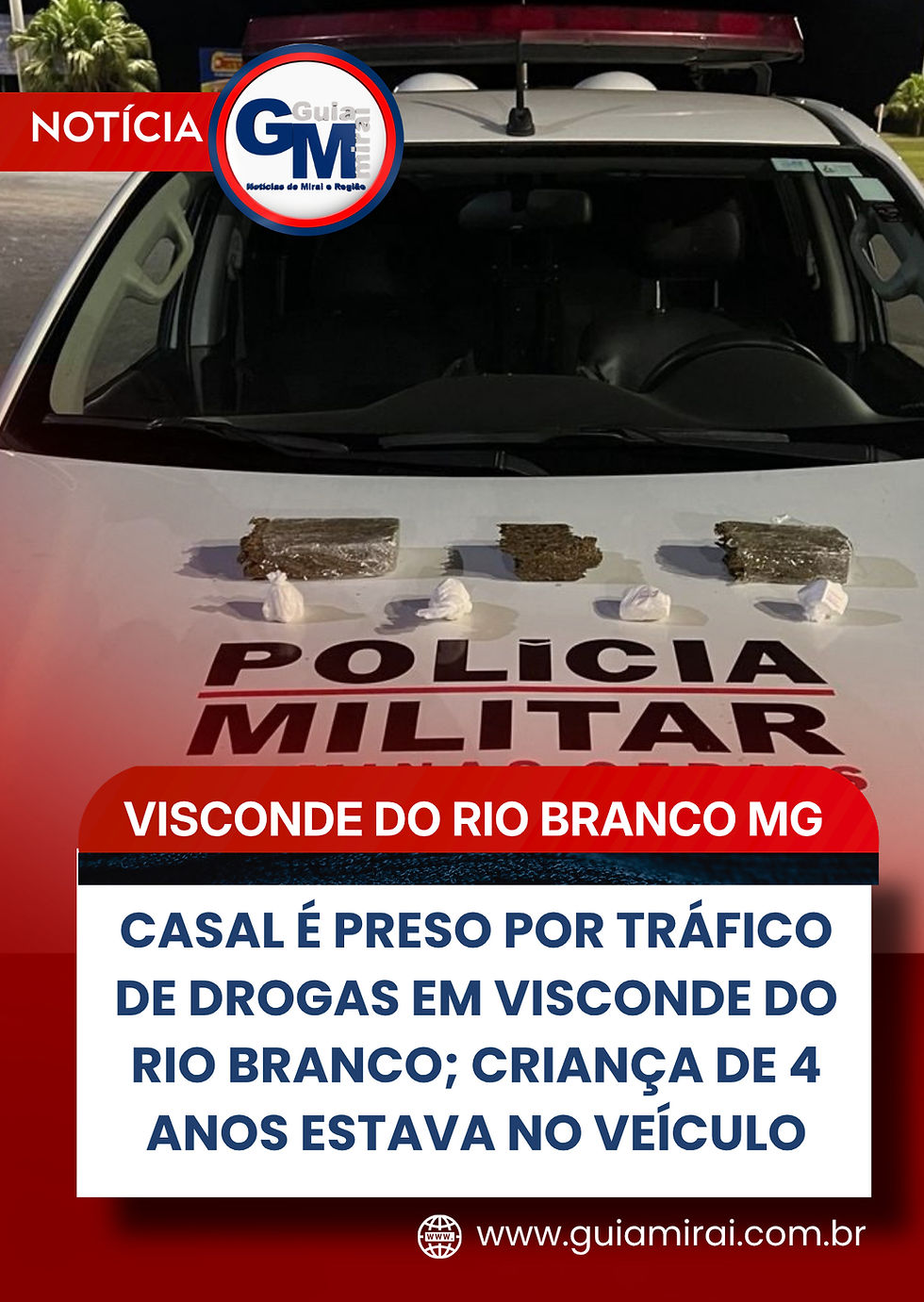 CASAL É PRESO POR TRÁFICO DE DROGAS EM VISCONDE DO RIO BRANCO; CRIANÇA DE 4 ANOS ESTAVA NO VEÍCULO