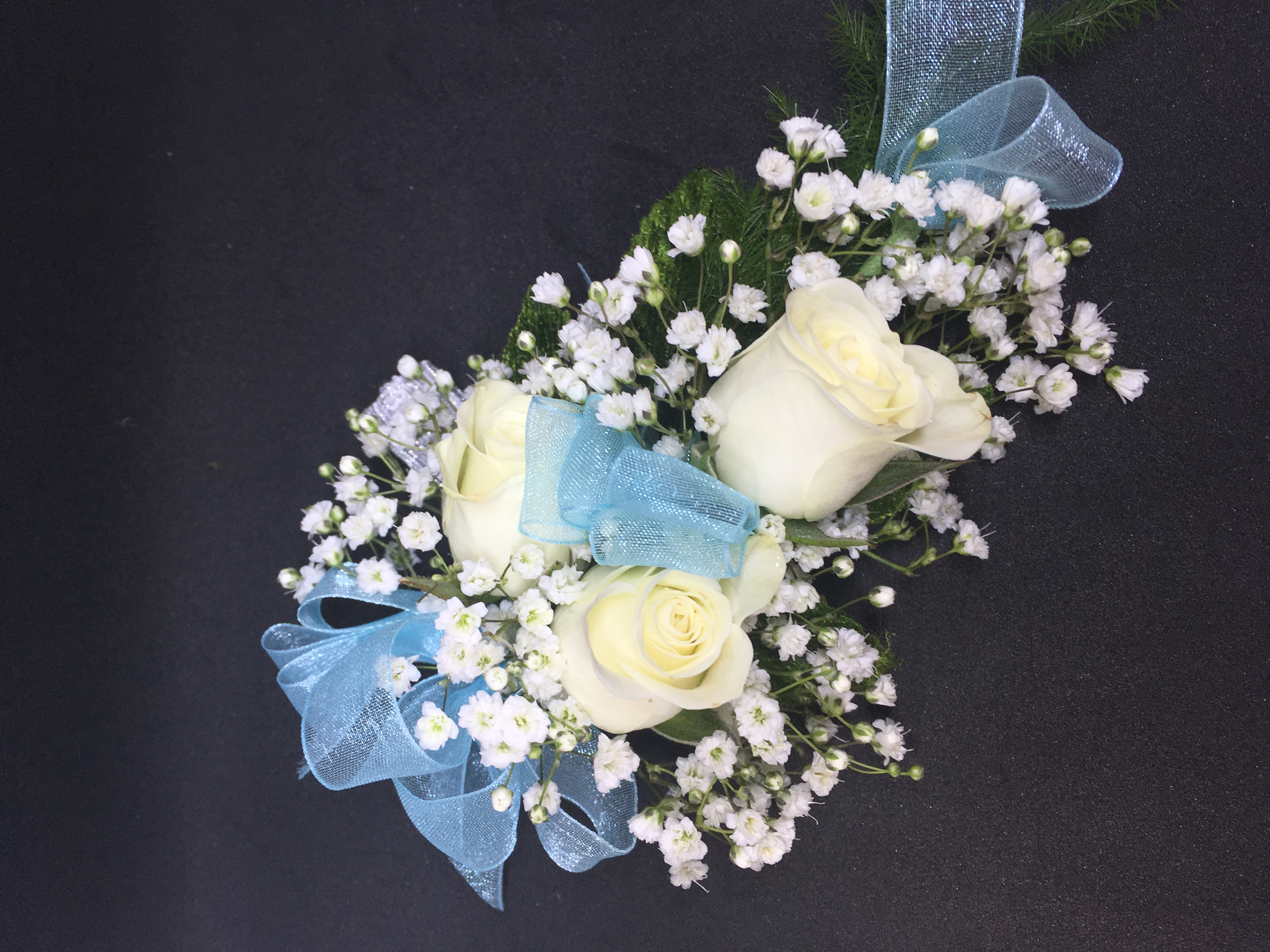 White Spray Roses with Blue Ribbon