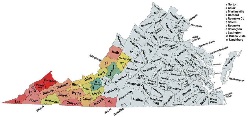 A heatmap of the state of Virginia