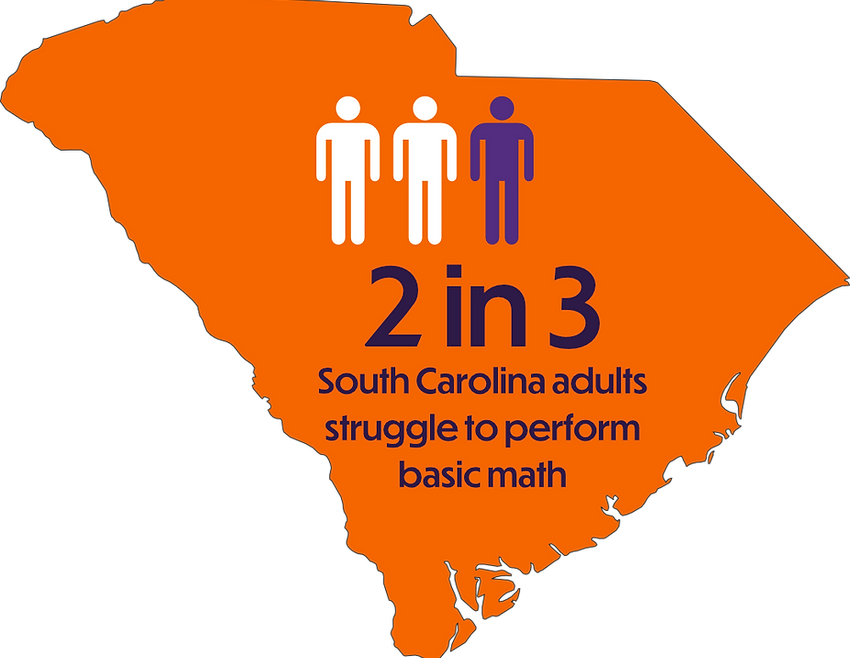 A silhouette of the state of South Carolina with texting reading, "2 in 3 South Carolina adults struggle to perform basic math"