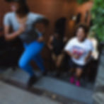 A woman running up steps