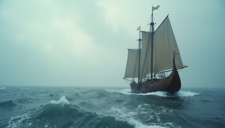 Vue latérale d'un drakkar viking en mer agitée