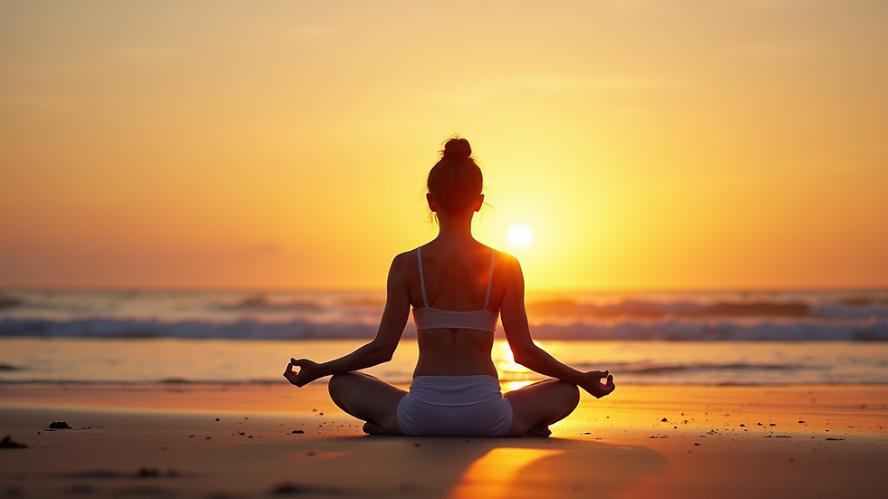 Eye-level view of a person practicing yoga on the beach at sunrise