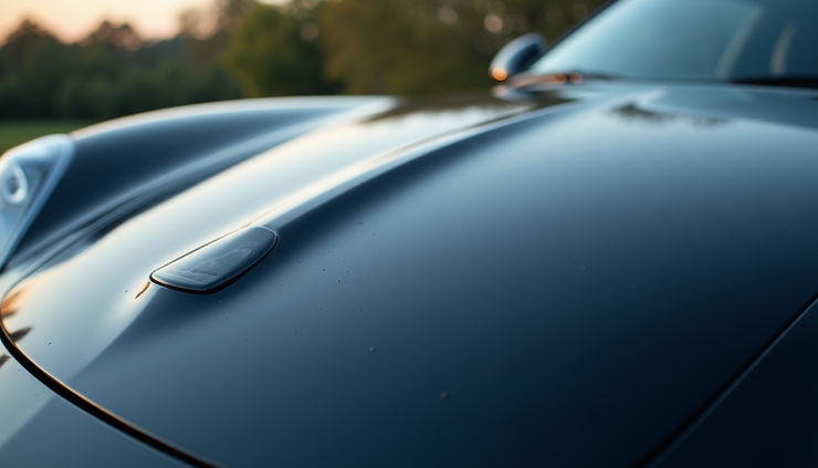 Close-up view of a sleek car hood with glossy ceramic wax finish
