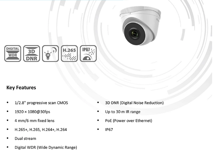 Thumbnail: Hikvision Hilook Series 2 MP IR H.265 Poe Network Turret IP Camera IPC-T220H