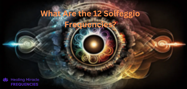 Abstract visualization of the 12 Solfeggio frequencies as concentric sound waves