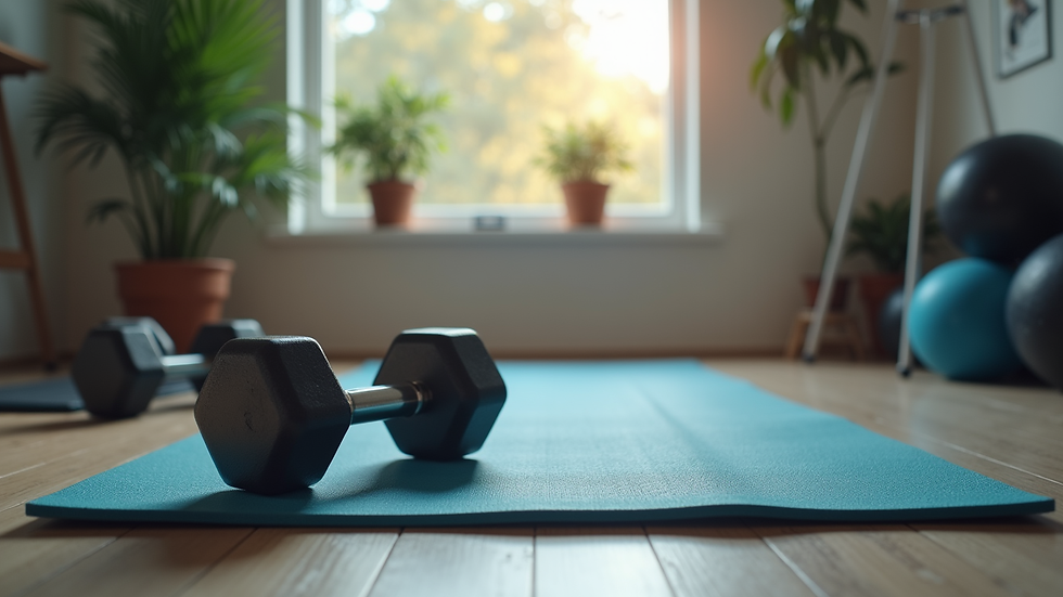 Eye-level view of a yoga mat and dumbbells in a home gym