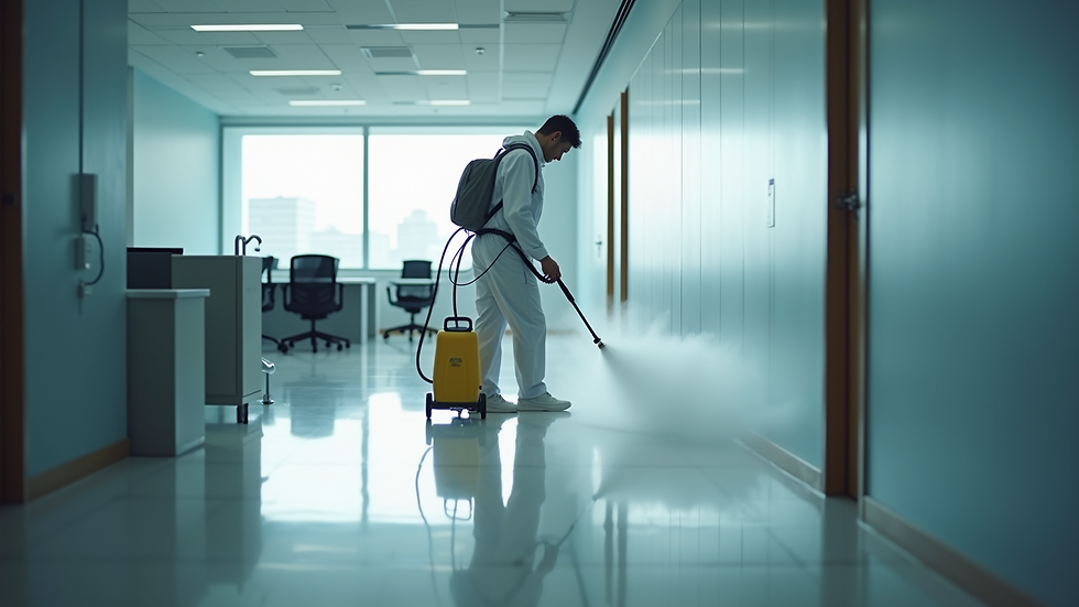 High angle view of a professional cleaner using an electrostatic sprayer in a commercial office
